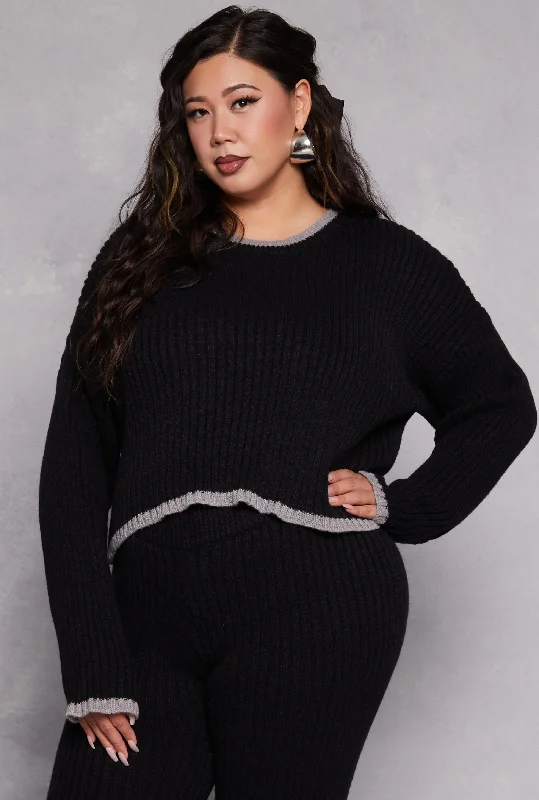 Plus Size Contrast Trim Knit Sweater