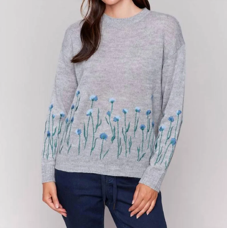 Embroidered Flower Sweater In Grey