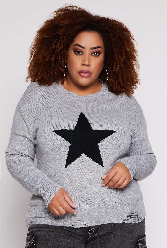 Plus Size Star Distressed Sweater