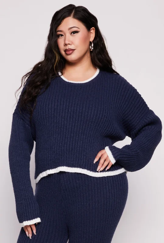 Plus Size Contrast Trim Knit Sweater