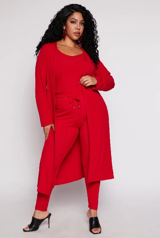 Plus Size Ribbed Knit Long Sleeve Duster