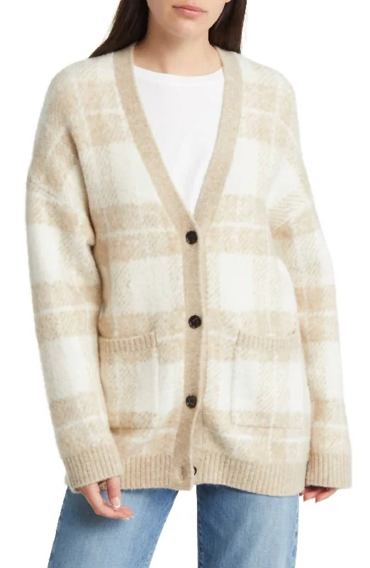 Runi Cardigan In Ivory Sand Plaid