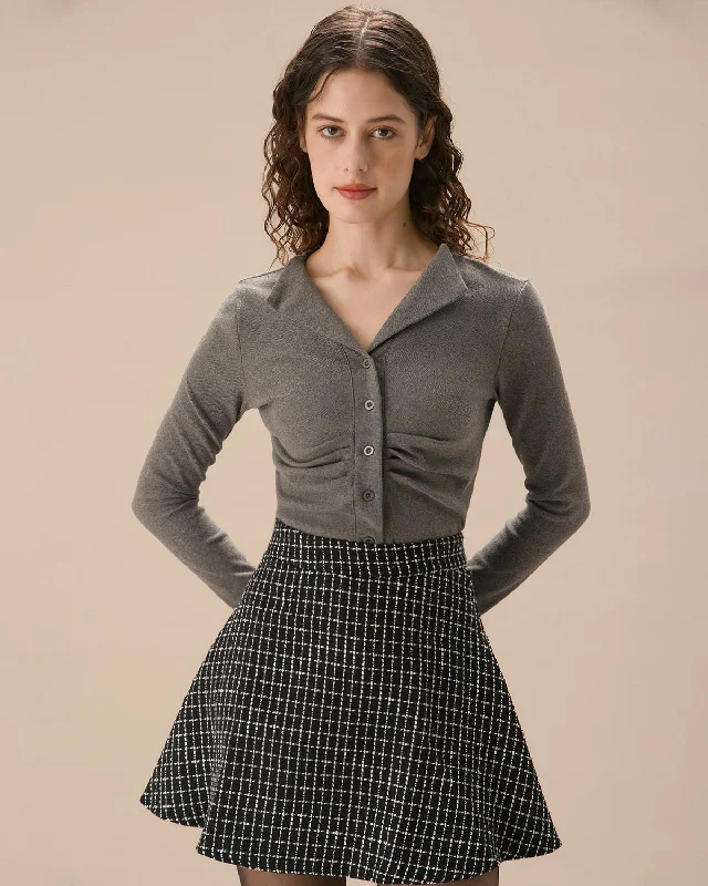 Grey Ruched Single-breasted Cardigan