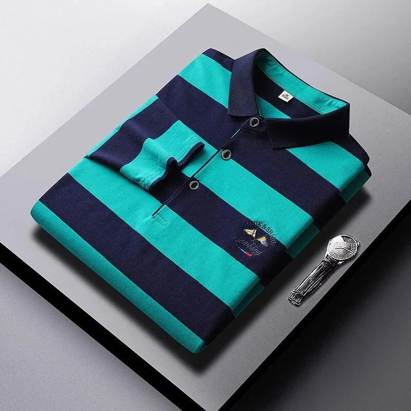 Vintage T-ShirtsMen Cotton Embroidered Striped Polo