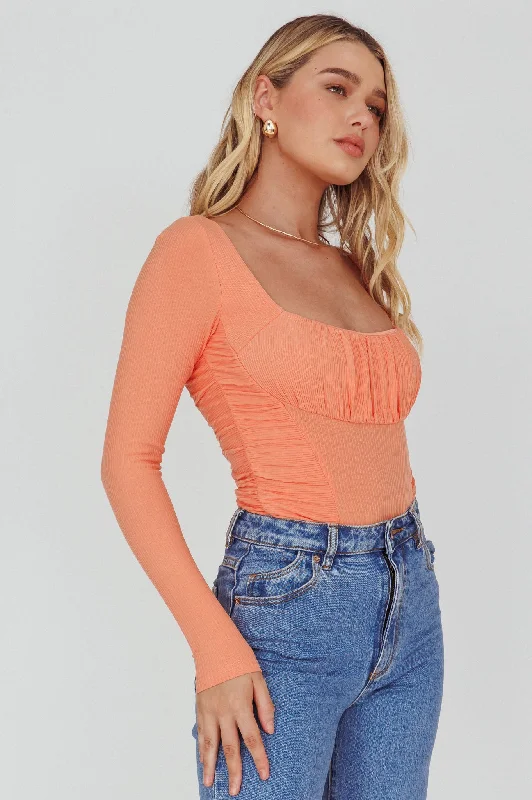 TightcontrolBobbi Long Sleeve Ruched Side Ribbed Bodysuit Orange